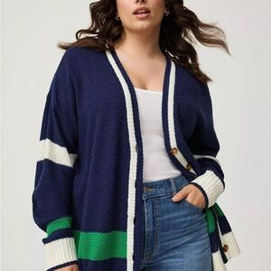 Torrid Navy Drop Shoulder Collegiate Stripe Cardigan 4X